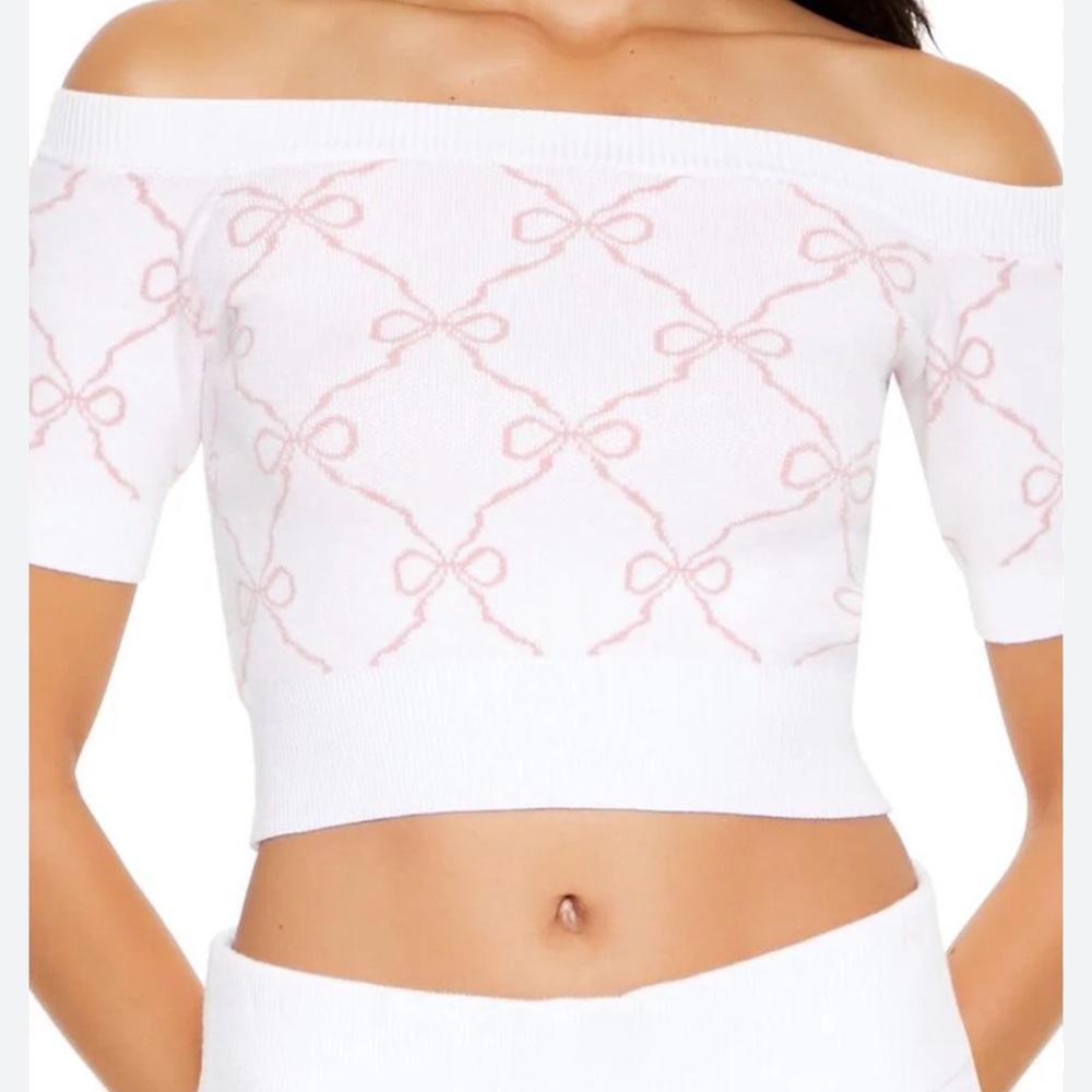 Forever 21 Off-Shoulder White and Pink Crop Top
